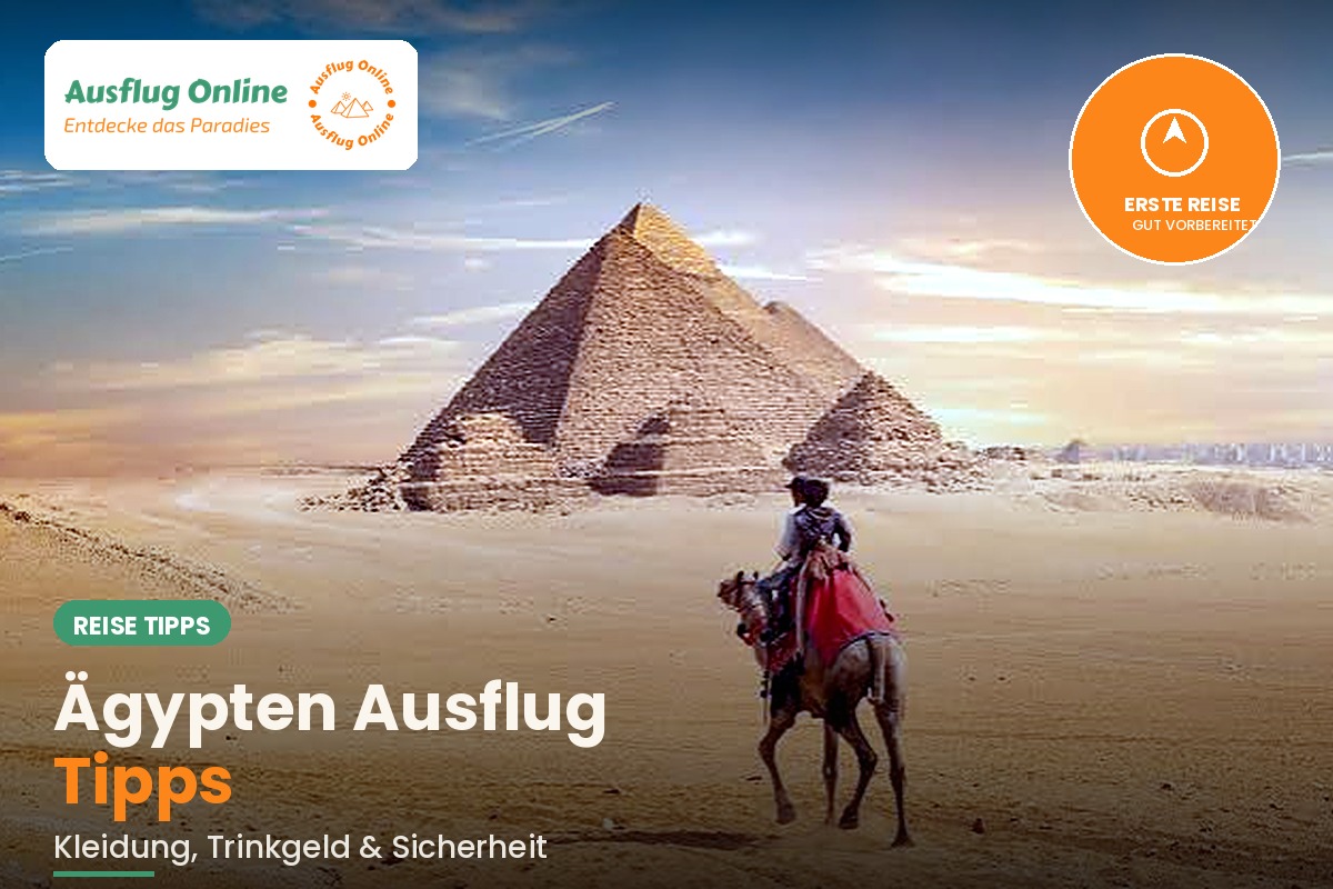 Kamelreiter vor den Pyramiden von Gizeh im goldenen Abendlicht, Werbebanner für Ägypten-Reisetipps von Ausflug Online