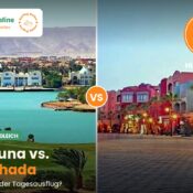 Splitbild mit der türkisfarbenen Lagune von El Gouna links und der beleuchteten Abendpromenade von Hurghada rechts