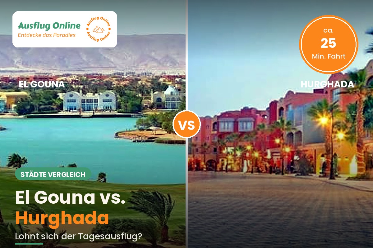 Splitbild mit der türkisfarbenen Lagune von El Gouna links und der beleuchteten Abendpromenade von Hurghada rechts