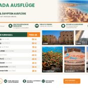 Preisübersicht für Hurghada Ausflüge mit Fotos von Luxor, Kairo, Schnorcheln, Orange Bay und Wüstensafari, Infografik von Ausflug Online