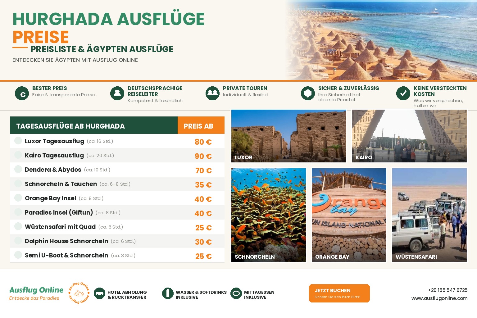 Preisübersicht für Hurghada Ausflüge mit Fotos von Luxor, Kairo, Schnorcheln, Orange Bay und Wüstensafari, Infografik von Ausflug Online