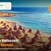 Strand mit traditionellen Sonnenschirmen aus Palmblättern und türkisfarbenem Meer in Hurghada, Werbebanner für den besten Reisemonat