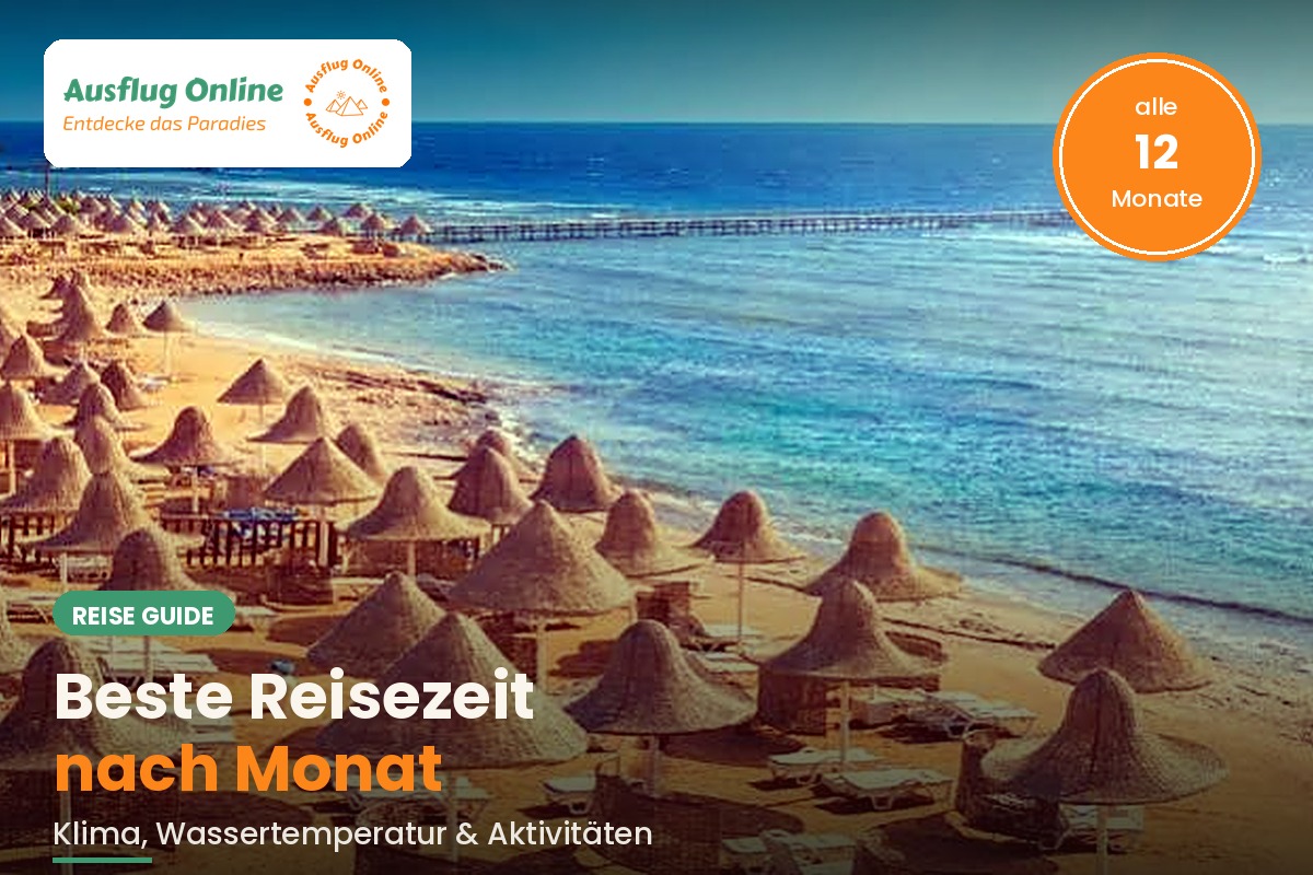 Strand mit traditionellen Sonnenschirmen aus Palmblättern und türkisfarbenem Meer in Hurghada, Werbebanner für den besten Reisemonat