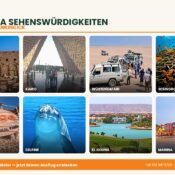 Fotocollage der Top-Sehenswürdigkeiten Hurghadas mit Luxor, Kairo, Wüstensafari, Schnorcheln, Orange Bay, Delfinen, El Gouna und der Marina