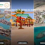 Dreigeteiltes Luftbild-Banner mit der Lagunenstadt El Gouna, der Promenade von Hurghada und der Bucht von Makadi Bay am Roten Meer