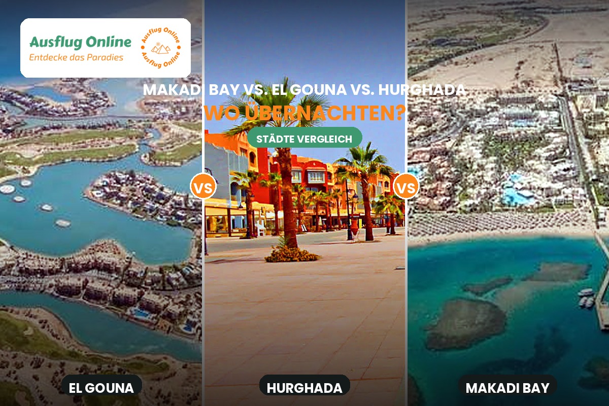 Dreigeteiltes Luftbild-Banner mit der Lagunenstadt El Gouna, der Promenade von Hurghada und der Bucht von Makadi Bay am Roten Meer