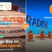 Splitbild mit Orange-Bay-Holzschild auf Giftun Island links und Paradise-Schriftzug am Sandstrand rechts, Insel-Vergleich Hurghada