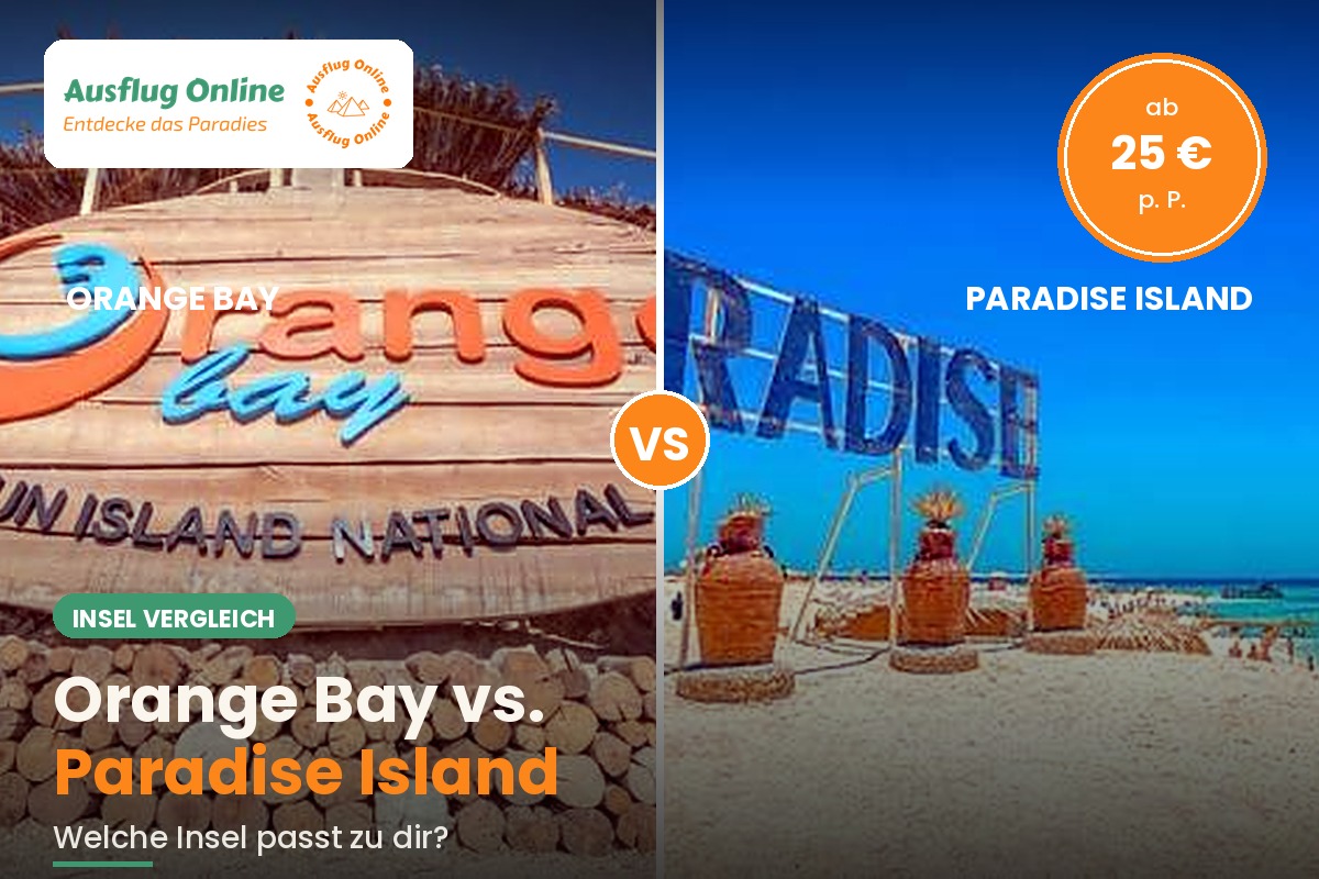 Splitbild mit Orange-Bay-Holzschild auf Giftun Island links und Paradise-Schriftzug am Sandstrand rechts, Insel-Vergleich Hurghada