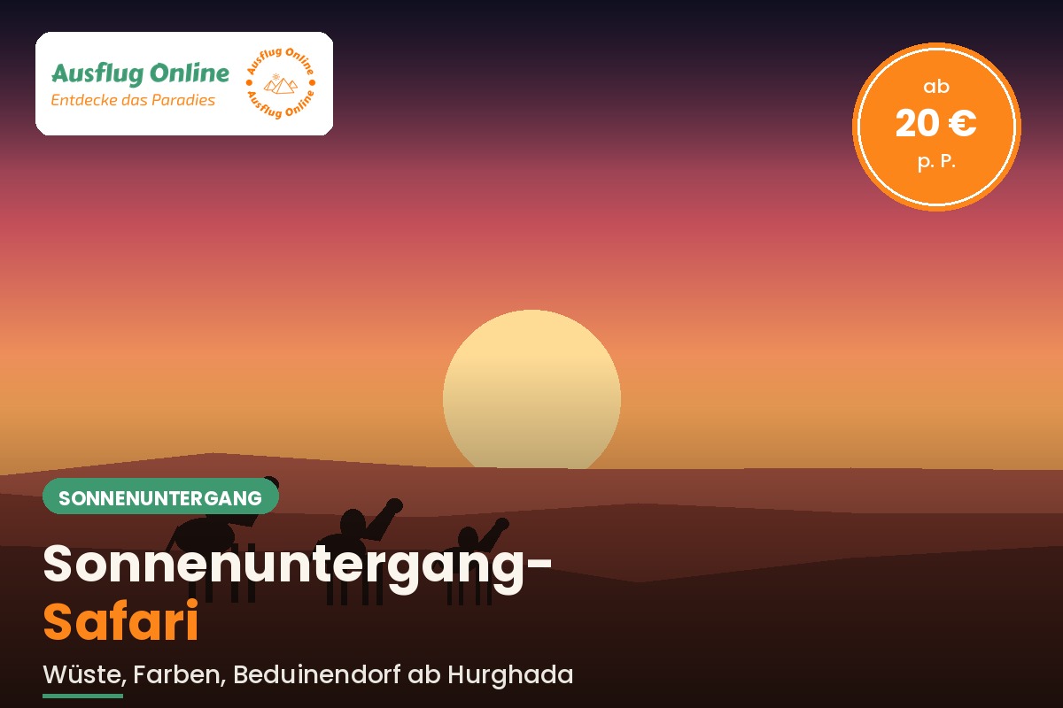 uads und Jeeps stehen auf einer Sanddüne vor dem farbenfrohen Sonnenuntergang in der Wüste von Hurghada